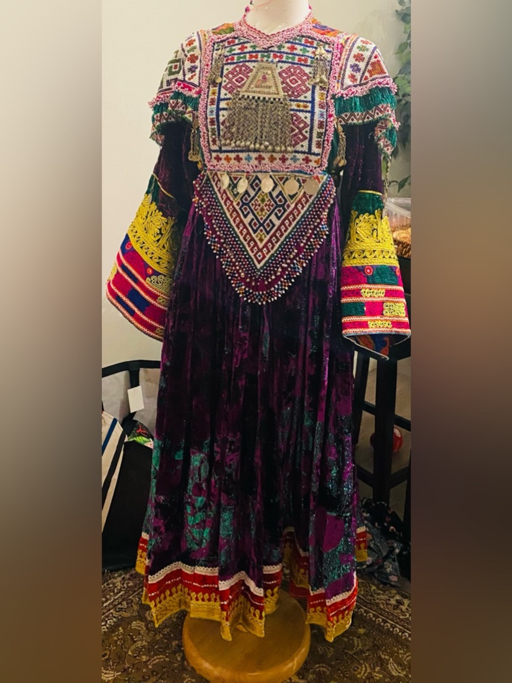 Traditional Afghan Maxi Dress in Deep Purple with Multicolor Accents